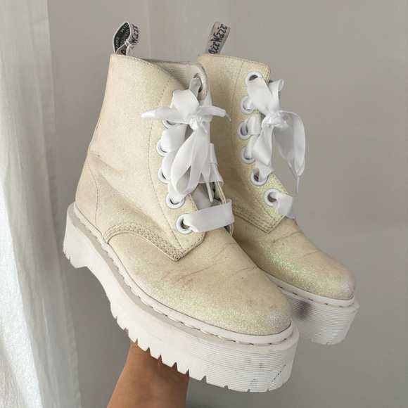 Dr. Martens Molly Glitter White Platform Boots 9 - Picture 2 of 7